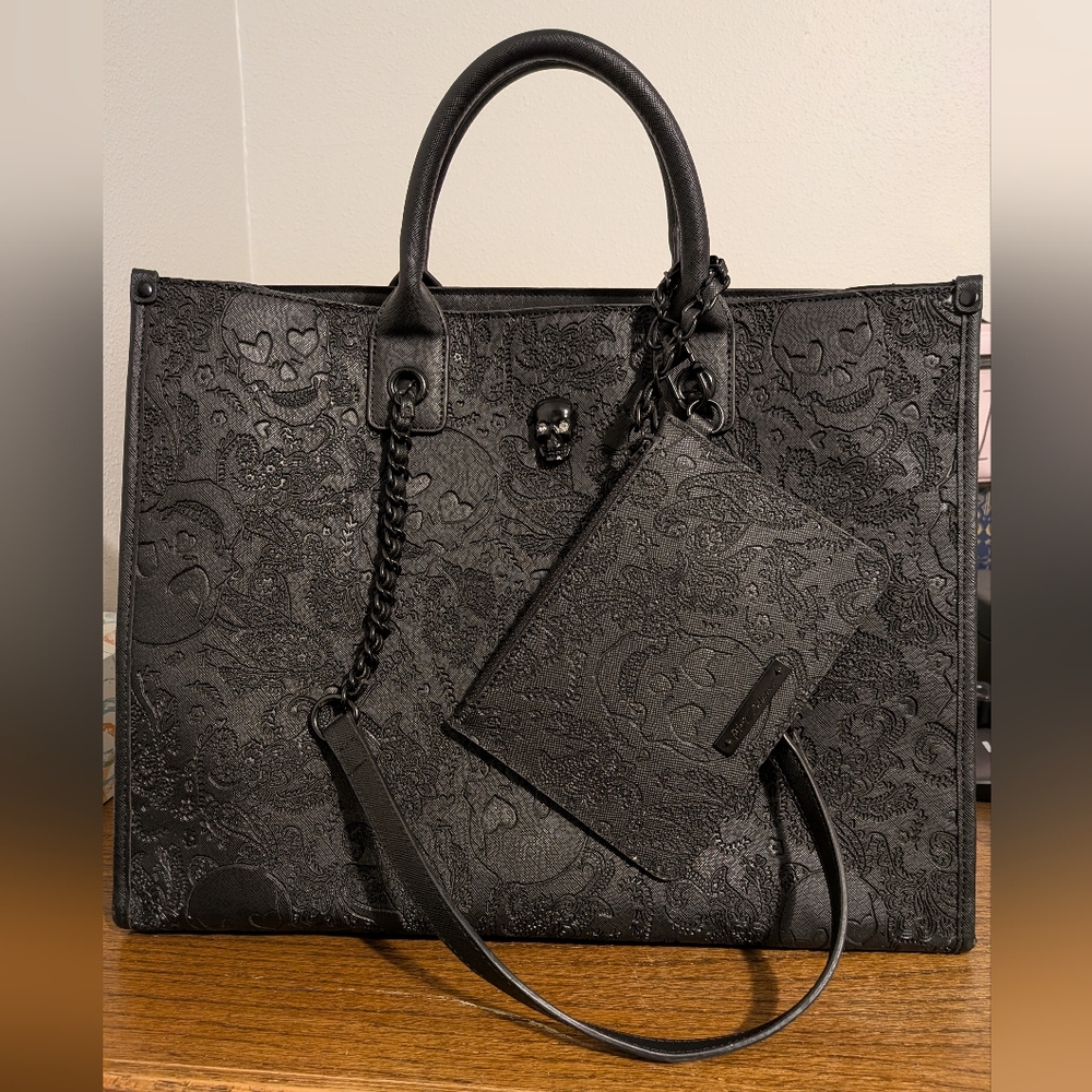 Betsey Johnson Black Floral Skull Embossed Tote Bag